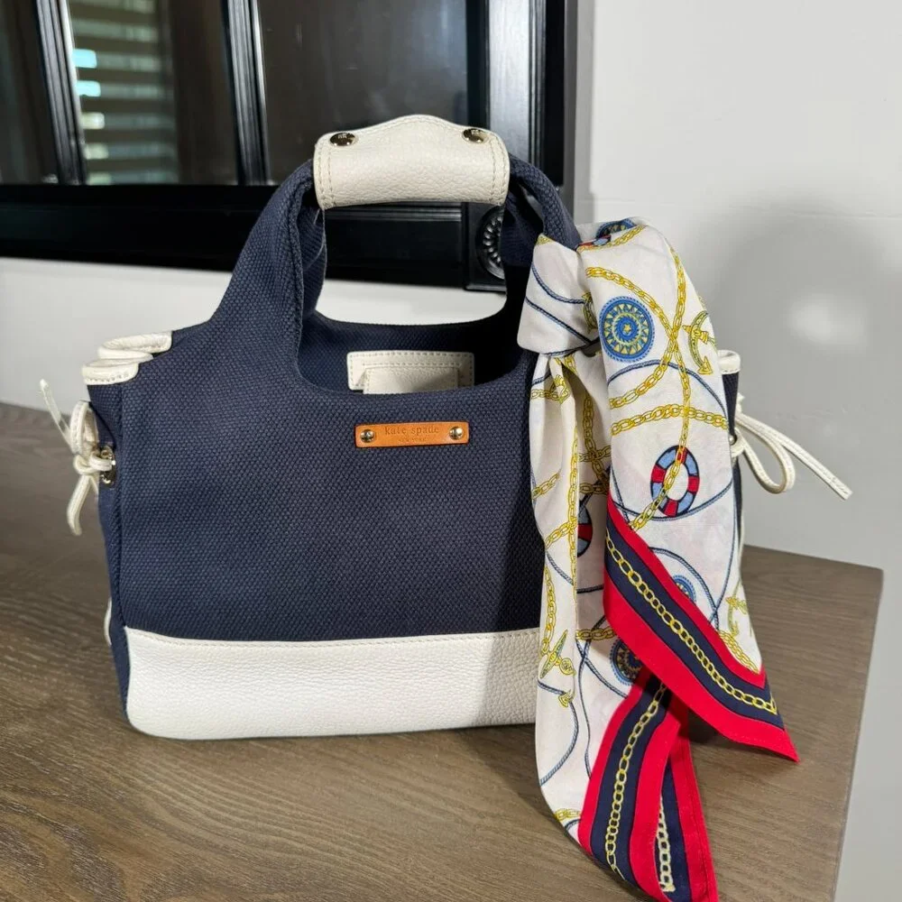 Kate Spade New York Navy Canvas & White Leather Trim Tote/Satche - Picture 3 of 9